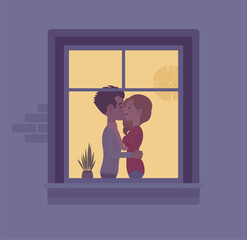 Obraz na płótnie Canvas Window at night with a couple kissing behind. Man and woman in love, romantic relationships, renting apartment for meeting, living together. Vector flat style cartoon illustration, evening time house