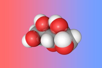 Molecular model of xylitol. Atoms are represented as spheres with color coding: carbon (grey), oxygen (red), hydrogen (white). Scientific background. 3d illustration