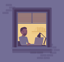 Window at night, young man working at computer behind. Guy works late hours from home during lockdown, night worker in the office. Vector flat style cartoon illustration, evening time house