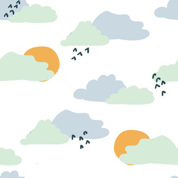Seamless childish pattern with hand-drawn cloud and sun vector illustration. Good for kids theme, textile, fabric, stationary, wrapping wrap, card.