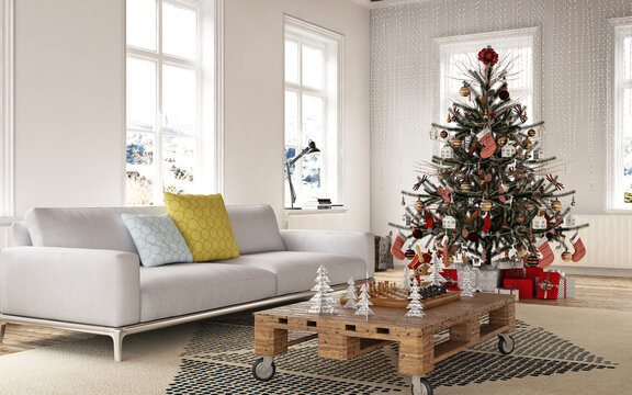 New year tree in scandinavian style interior with christmas decoration and fireplace	