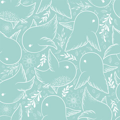 Seamless vector pattern with hand drawn branches, leaves, flowers and cute birds isolated on blue green background. Design for decoration, print, fabric, wallpaper, card
