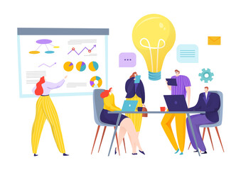 Teamwork business people make strategy idea concept, vector illustration. Team with flat creative chart and plan technology. Financial data work, man woman character and infographic design.