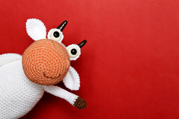 White knitted toy bull on red background, selective focus on eyes. Chinese New Year of Bull, Zodiac...