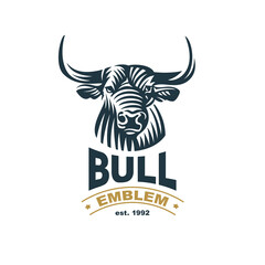 Bull head engraving vector logo.
