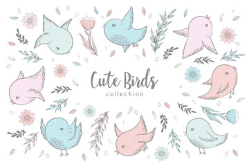Vector illustration with collection of hand drawn cute birds, branches, leaves, flowers in pastel colors isolated on white background. Design for room decoration, print, fabric, wallpaper, card