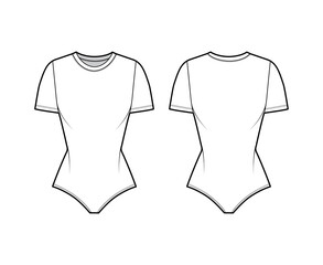 Stretch-jersey bodysuit technical fashion illustration with crew neck, short sleeves, fitted body. Flat one-piece underwear apparel template front, back white color. Women unisex swimsuit CAD mockup