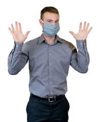 Young adult man with face mask as protection against corona virus infection allways washing hands