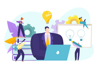 Business leader and idea team people, vector illustration. Businessman brainstorming at office, creative cartoon person communication. Teamwork strategy design concept, flat group work.