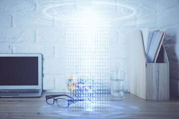 Double exposure of desktop with personal computer on background and tech theme drawing. Concept of data analysis.