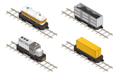 Vector isometric illustration depicting various types of freight wagons. 3d vector illustration with objects isolated on white.