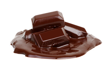 Melting piece of dark chocolate bar on white