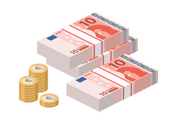 Isometric stacks of 10 euro banknotes. Pile paper money and coins. Ten bills. European currency notes. Vector illustration.