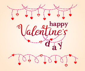 Happy Valentine`s day hand lettering and festive garland with beads and hanging small hearts. Vector design template with decorative elements for holiday greeting card, banner, flyer or festive design