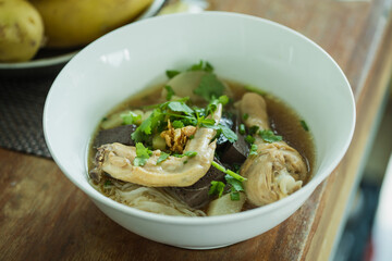 Soup small Rice Noodle with chicken. Thai rice noodles. Chicken noodle soup. A common street food in Thailand