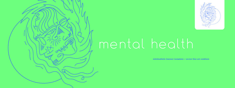 Psychology vector emblem cabinet with line art illustration. Psychologist logo concept. Psychotherapy banner with mental health care symbol, mental wellness courses sign, meditation practice logotype.