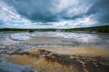 hydrothermal area of great fountain geyser in yellowstone national park, wyoming in the usa