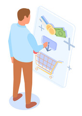 Male character stands and chooses shopping on large conceptual screen. Shopping basket, money symbol product. ustomer buys goods in online store. Putting purchases in virtual basket. Customer journey