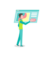 Man using website for shopping, male pressing buy button, screen of commerce web page. Interface of payment app, person making purchases online vector