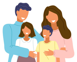 Fototapeta premium Happy family of 4 people close up. Posing for the picture. Dad hugs daughter, mom hugs son. A happy family spends time together. Parents and children. Flat vector characters isolated on white