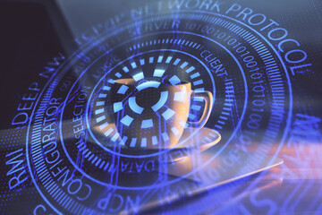 Double exposure of desktop computer and technology theme hologram. Concept of software development.