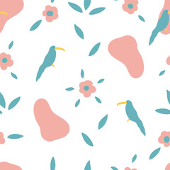 Seamless pattern with birds, flowers, leaves, abstract spots. Delicate cute print for children's clothing, bedding, decoration, notebooks, notebooks, postcards, wallpaper.