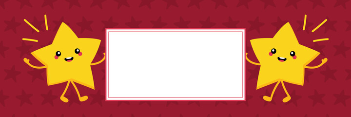 Obraz premium Couple of cute smiling golden star characters holding blank, empty card in hands. Vector illustration, banner, header. 