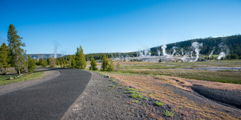 hydrothermal areas of upper geyser basin in yellowstone national park, wyoming in the usa