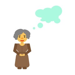 A woman with gray hair in a brown dress with buttons and a belt in brown shoes stands and smiles. 
