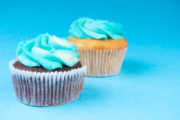 two Christmas cupcake on blue background