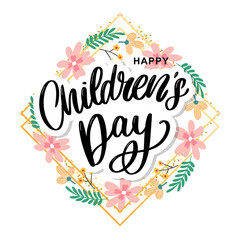 happy children's day, cute vector greeting card with funny letters in scandinavian style and cartoon landscape