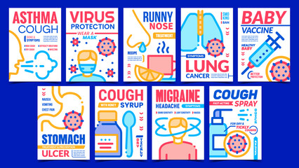 Disease And Treatment Promo Posters Set Vector. Asthma And Migraine Disease, Virus Protection Mask And Cough Spray Collection Advertising Banners. Concept Template Style Color Illustrations