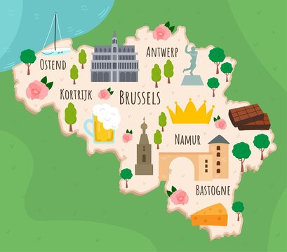 Cartoon map of Belgium. Travel illustration with landmarks, buildings, food and plants. Funny tourist infographics. National symbols. Famous attractions. Vector illustration