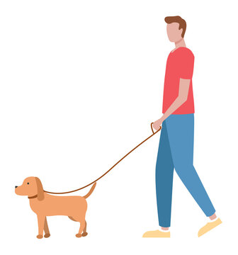 Passer-by, guy walking with dog, isolated male character vector. City street walker or owner with pet on leash, casual outfit, man and domestic animal