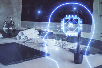 Naklejka premium Multi exposure of work space with computer and human brain hologram. Brainstorm concept.