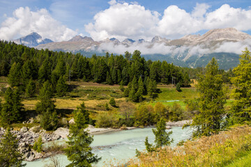 Mountain and natural landscape near the Bernina Pass in Switzerland in summertime.