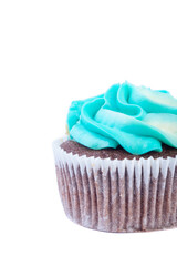 A chocolate cupcake with blue cheese cream