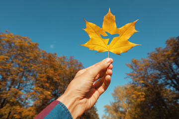 Autumn leaf with a cut in the form of an airplane on a background of the sky