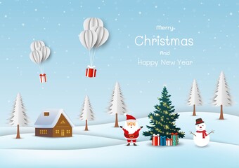 Merry Christmas and happy new year greeting card,cute Santa claus with snowman happy on snow village background