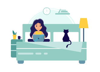 Home office during coronavirus outbreak concept, woman works from home with laptop. Vector illustration in flat style. Stay at home. Self-isolation