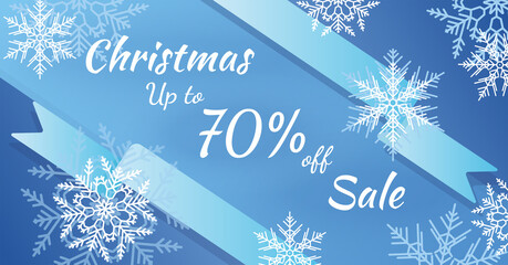 Naklejka na ściany i meble The horizontal blue banner sales. Winter Christmas background with snowflakes. Discounts up to 70 percent.