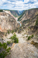 hiking the canyon rim south trail in grand canyon of the yellowstone, wyoming, usa