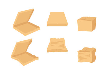 Cardboard boxes for pizza on a white background. Crumpled fractured boxes, careless delivery of goods and products. Design element, modern illustration.