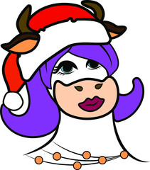 humanized new year's portrait of a cow in a ponytail with purple hair in a new year's red Cap, drawn in vector, on a white background in isolation 