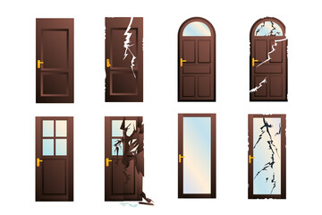 A set of strict dark wood doors with glass inserts. Broken doors, repair and replacement of entrance doors.