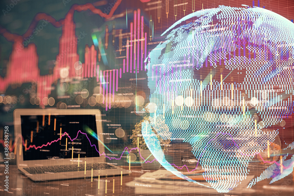 Poster double exposure of forex graph and work space with computer. concept of international online trading