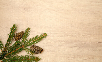 Fir branches with cones on a light wooden background. Frame. Flat lay. View from above.