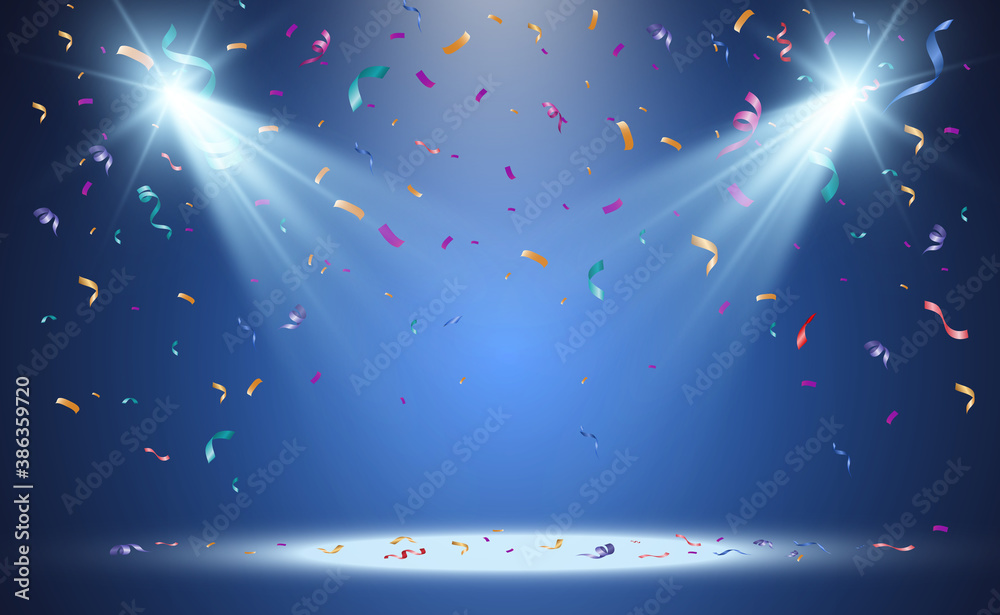 Poster Lots of colorful tiny confetti and ribbons on transparent background. Festive event and party. Multicolor background.Colorful bright confetti isolated on transparent background