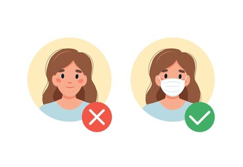 Mask required. No entry without wearing a mask. Woman with and without medical mask. Vector illustration in flat style