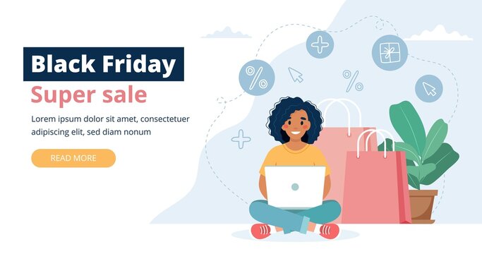 Black friday sale banner with woman character, online shopping concept.